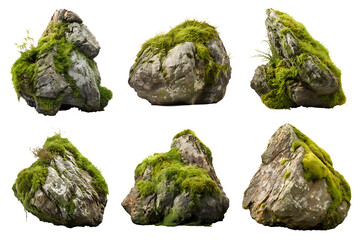 Wall Mural - mossy rock formation set isolated on transparent background - landscape design elements PNG cutout collection