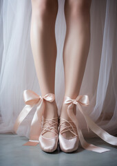 Wall Mural - ballerina's legs in satin pink pointe shoes, bride in shoes, footwear, festive outfit, clothes, fitting, fashion, beauty, women's accessories, style, shopping, delicate beige colors, person