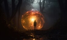 Dive Into The Realms Of Science Fiction And Exploration With A Stunning Photo Of A Man Standing Beside An Otherworldly Alien Ship Shaped Like A Glowing Sphere.