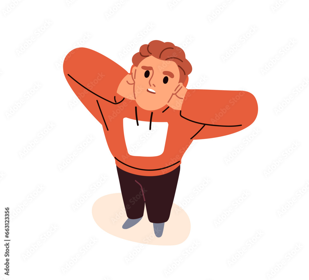 Surprised shocked man looking up, above top view. Nervous bewildered person stunned, staring, watching, wondering with fear, amazed face. Flat graphic vector illustration isolated on white background