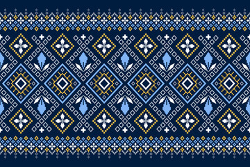 Wall Mural - Indigo navy blue geometric traditional ethnic pattern Ikat seamless pattern border abstract design for fabric print cloth dress carpet curtains and sarong Aztec African Indian Indonesian