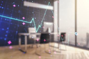 Poster - Creative abstract heart pulse hologram and modern desktop with pc on background, online medical consulting concept. Multiexposure