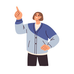 Aufkleber - Happy man looking up, pointing, indicating with finger. Excited smiling guy showing something, gesturing with hand, watching with interest. Flat vector illustration isolated on white background