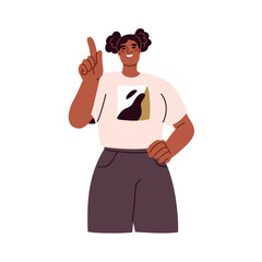 Poster - Happy black woman pointing up with index finger, showing and indicating something. Smiling person, female gesturing with hand recommending. Flat vector illustration isolated on white background