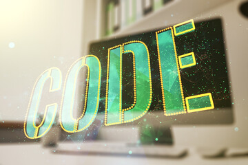 Poster - Creative Code word hologram and modern desktop with laptop on background, artificial intelligence and neural networks concept. Multiexposure