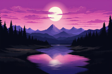 Wall Mural - vector illustration of sunset view on purple silhouette river