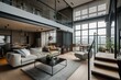 © Sariel - Modern loft apartment with flexible layout in cool tones. Stylish and luxurious interior design. Generative AI