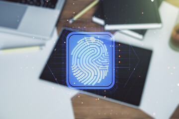 Poster - Multi exposure of abstract graphic fingerprint sketch and modern digital tablet on desktop on background, top view, fingerprint scan data concept