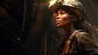 An African-American woman is a miner in a hard hat, a worker in the coal mining industry.
