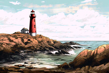Lighthouse Illustration Engraving Style And Color