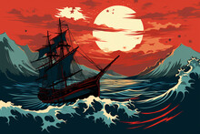Vector Illustration Of Sailing Ship View At Sea, Black Silhouette