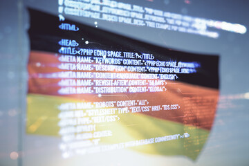 Poster - Abstract virtual coding illustration on German flag and sunset sky background, software development concept. Multiexposure