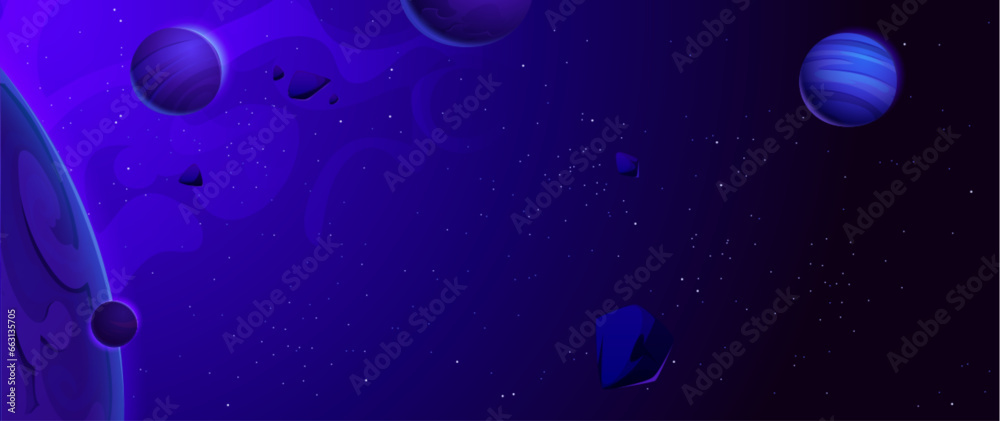 Space background with planets and asteroids. Vector cartoon ...