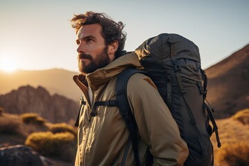 Wall Mural - Handsome young man with backpack hiking in the mountains at sunset