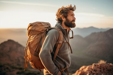 handsome young man with backpack hiking in the mountains at sunset