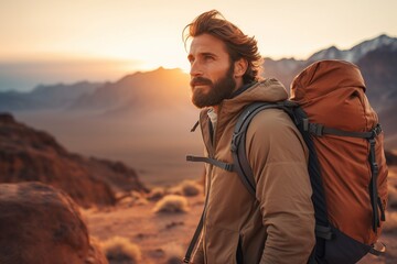 Wall Mural - Handsome young man with backpack hiking in the mountains at sunset