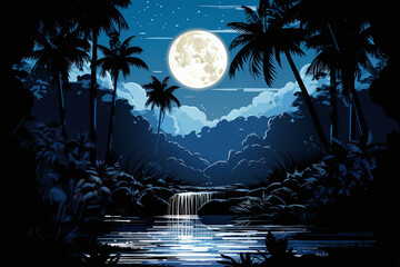 Wall Mural - vector illustration of waterfall view at night blue silhouette