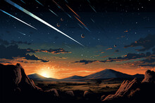 Vector Illustration Of A View Of A Meteor Shower In The Sky