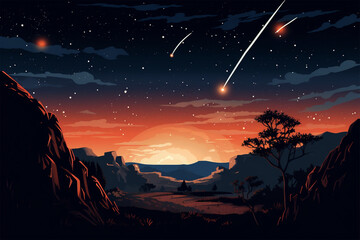 Wall Mural - vector illustration of a view of a meteor shower in the sky