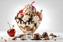 A Delightful Dessert Made With Scoops Of Ice Cream, Various Toppings Like Chocolate Syrup, Whipped Cream, Nuts, And A Maraschino Cherry On Top