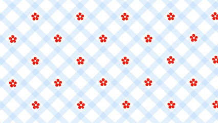 Diagonal blue checked and red flowers pattern on the white background
