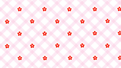 Diagonal pink checked and red flowers pattern on the white background