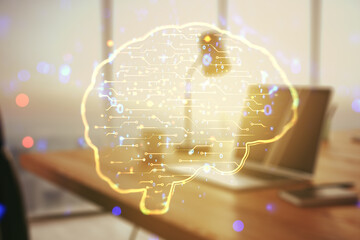 Aufkleber - Double exposure of creative artificial Intelligence symbol with modern laptop on background. Neural networks and machine learning concept