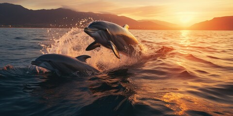 a image beautiful dolphin leaping jumping from shining sunset sea, AI Generative