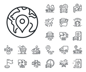Poster - Trip point sign. Plane, supply chain and place location outline icons. Map pin line icon. Journey location pointer symbol. Pin line sign. Taxi transport, rent a bike icon. Travel map. Vector