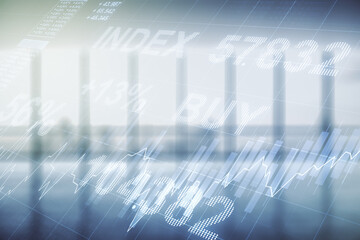 Poster - Double exposure of abstract creative financial chart hologram on empty modern office background, research and strategy concept