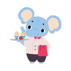 Canvas Print - Cute Elephant Chef Character in Toque Serve Eggs on Tray Vector Illustration