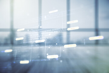 Poster - Double exposure of abstract creative programming illustration on empty room interior background, big data and blockchain concept