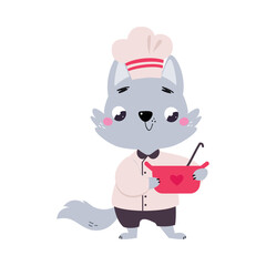 Sticker - Cute Wolf Chef Character in Toque Hold Pot Cooking Vector Illustration