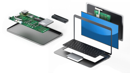 Laptop computer parts isolated on white background. 3D illustration