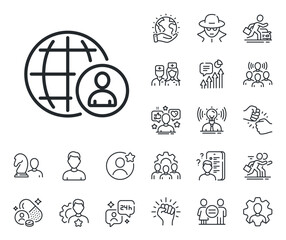 Poster - Global human resources sign. Specialist, doctor and job competition outline icons. International business recruitment line icon. International recruitment line sign. Vector