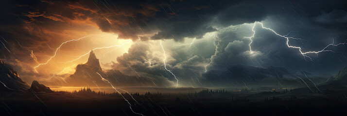 Wall Mural - Panoramic view of lightning storm