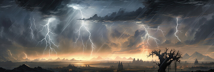 Wall Mural - Panoramic view of lightning storm