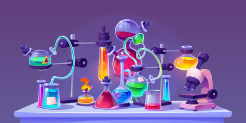 Laboratory equipment during chemical or medical science experiment. Glass beakers and flasks with colorful liquids , pipes and microscope on table. Lab room research glassware and materials.