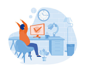 Poster - happy woman completed task and triumphing with raised hands on the his workplace. flat vector modern