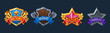 © klyaksun - Victory and defeat game user interface badges. Cartoon vector set of win and lose labels with ribbons in form of shield and star. Success and fail in passing level or completing task result panel.