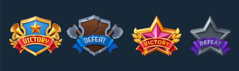 Poster - Victory and defeat game user interface badges. Cartoon vector set of win and lose labels with ribbons in form of shield and star. Success and fail in passing level or completing task result panel.