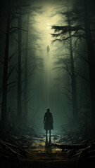 Wall Mural - Horror a lonely silhouette vertical, high, narrow, in a gloomy foggy forest, maniac thriller the darkness of the night