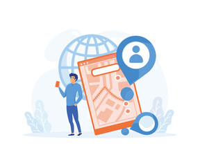 Poster - GPS navigation concept in flat style. Man uses GPS navigator scene. Navigate mapping technology, cartography and geolocation system banne. flat vector modern illustration