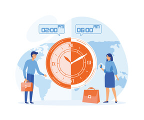 Poster - world time zones. international time and date. big clock showing local time. tiny business people wo