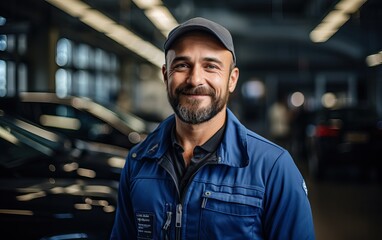 Poster - man examining car engine. Auto mechanic working in garage.Car Mechanic Detailed Vehicle Inspection. Auto Service Center Theme.