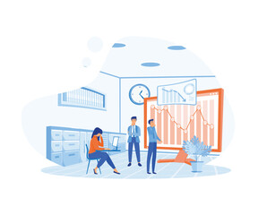 Poster - panicking people in front of monitor with graph of falling stock prices. flat vector modern illustra
