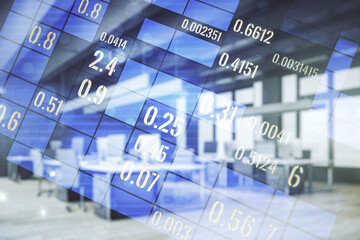 Aufkleber - Abstract virtual analytics data spreadsheet on a modern furnished classroom background, analytics and analysis concept. Multiexposure