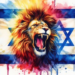 Wall Mural - Generative AI image of a lion over a flag of Israel as a background