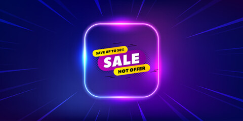 Wall Mural - Sale 30 percent off banner. Neon light frame offer banner. Discount sticker shape. Hot offer icon. Sale promo event flyer, poster. Sunburst neon coupon. Flash special deal. Vector