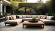 A  sleek outdoor lounge set with comfortable cushions and a low coffee table.